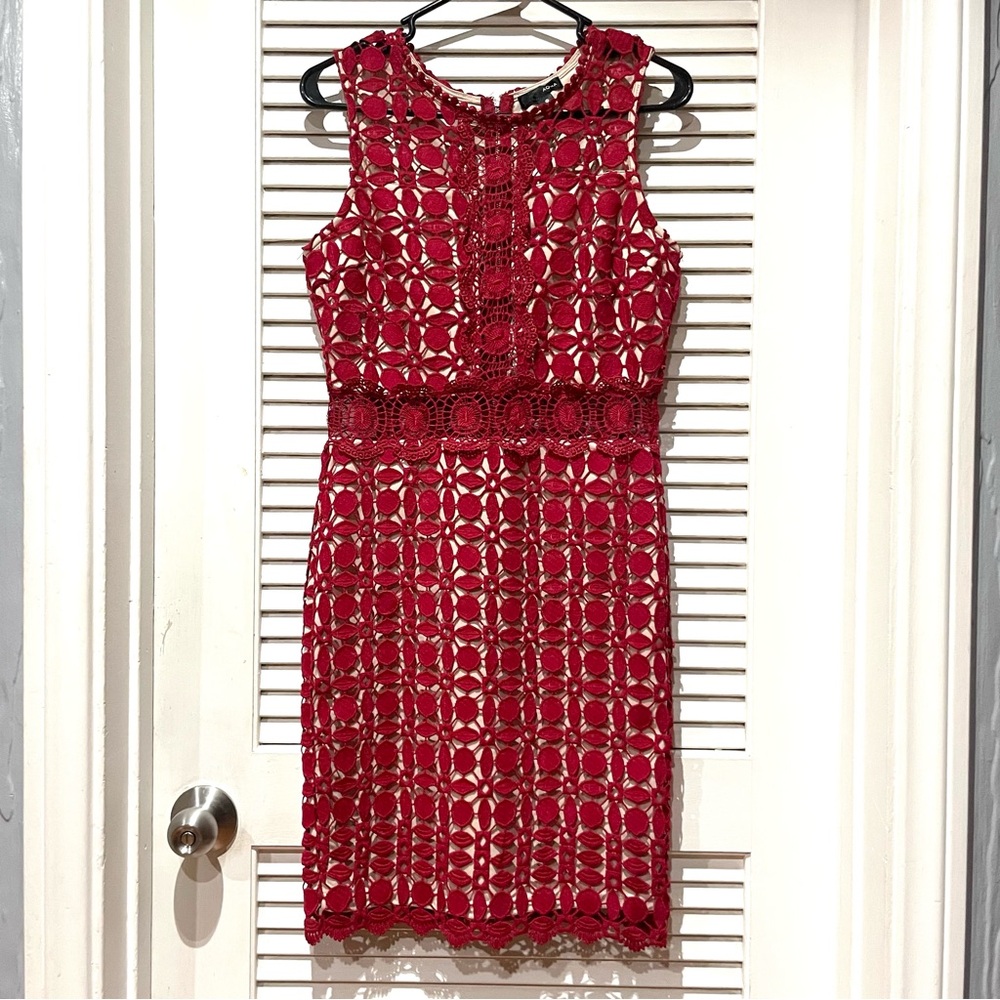 Aqua Burgundy Sheath Midi Dress Sleeveless Crew Neck